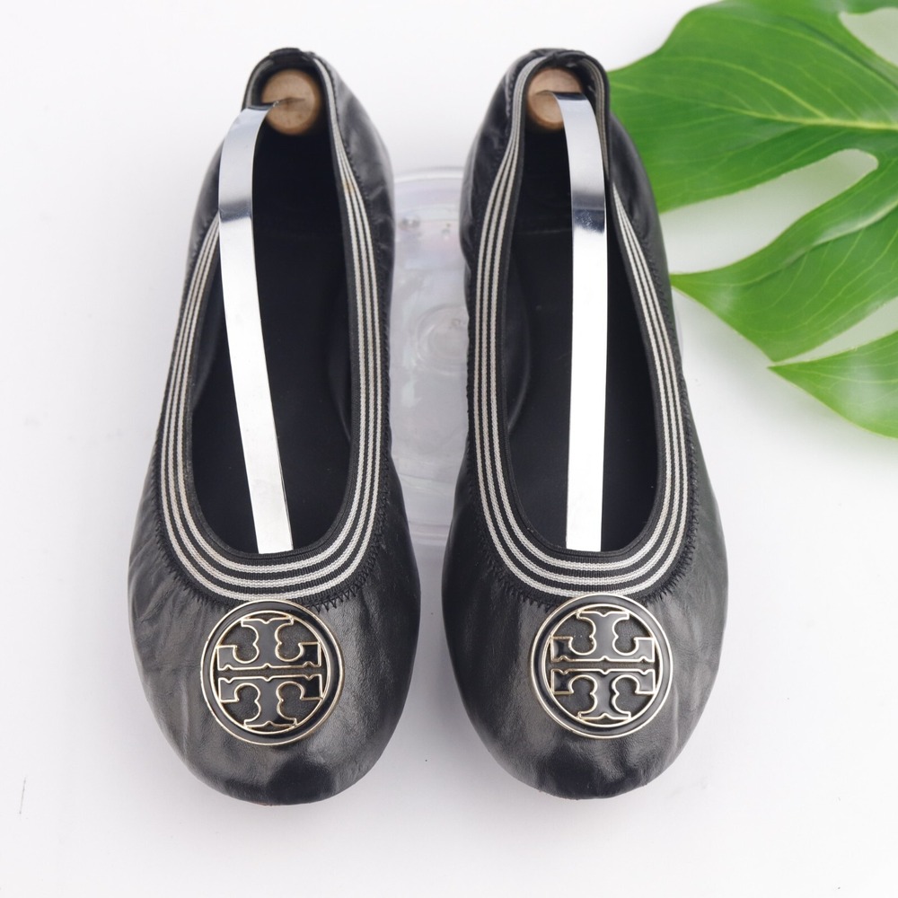 Tory Burch Womens Caroline Ballet Flats Size 8.5 M Black Leather Gold Logo Shoes